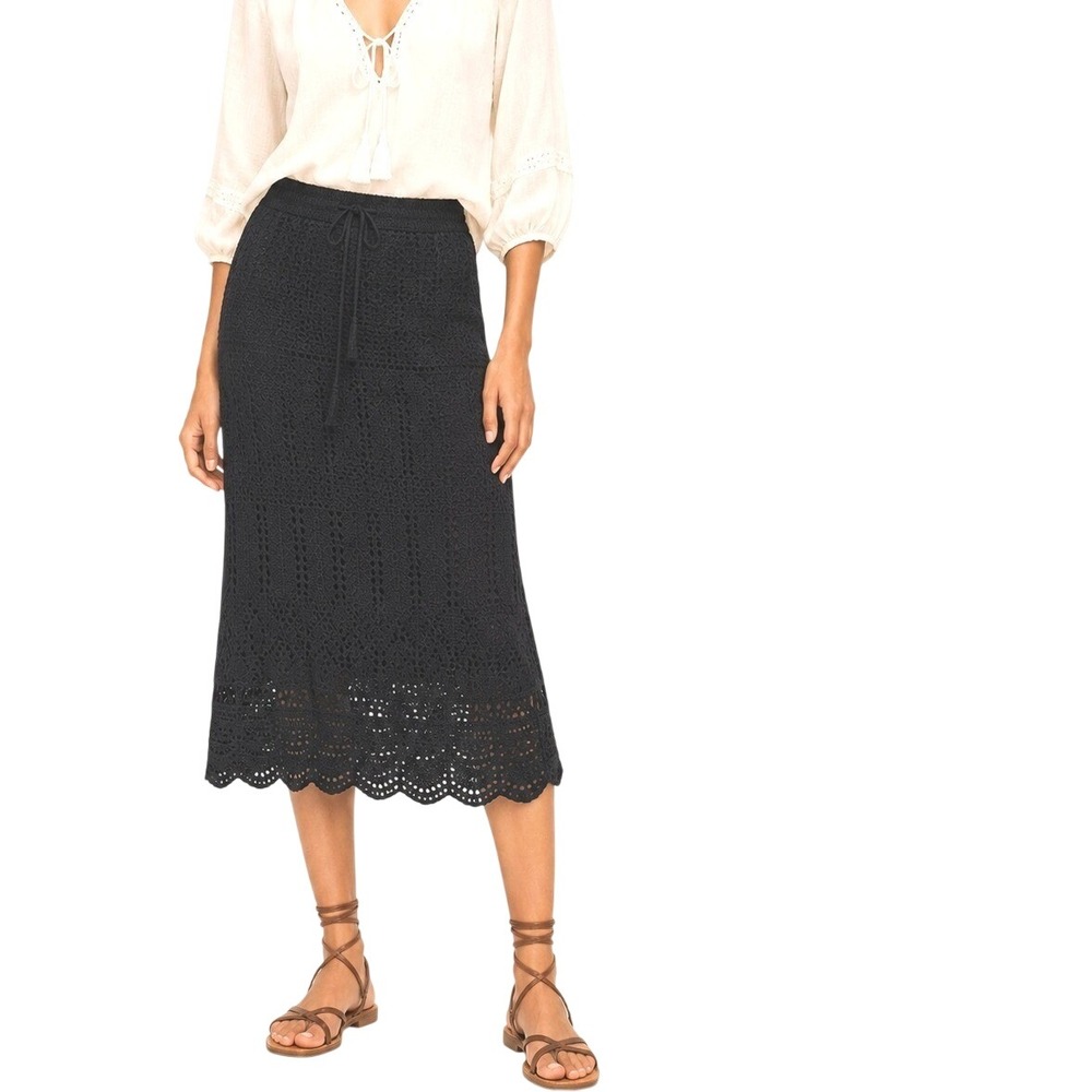Black Crochet Midi Skirt Boho Scalloped Hem Medium